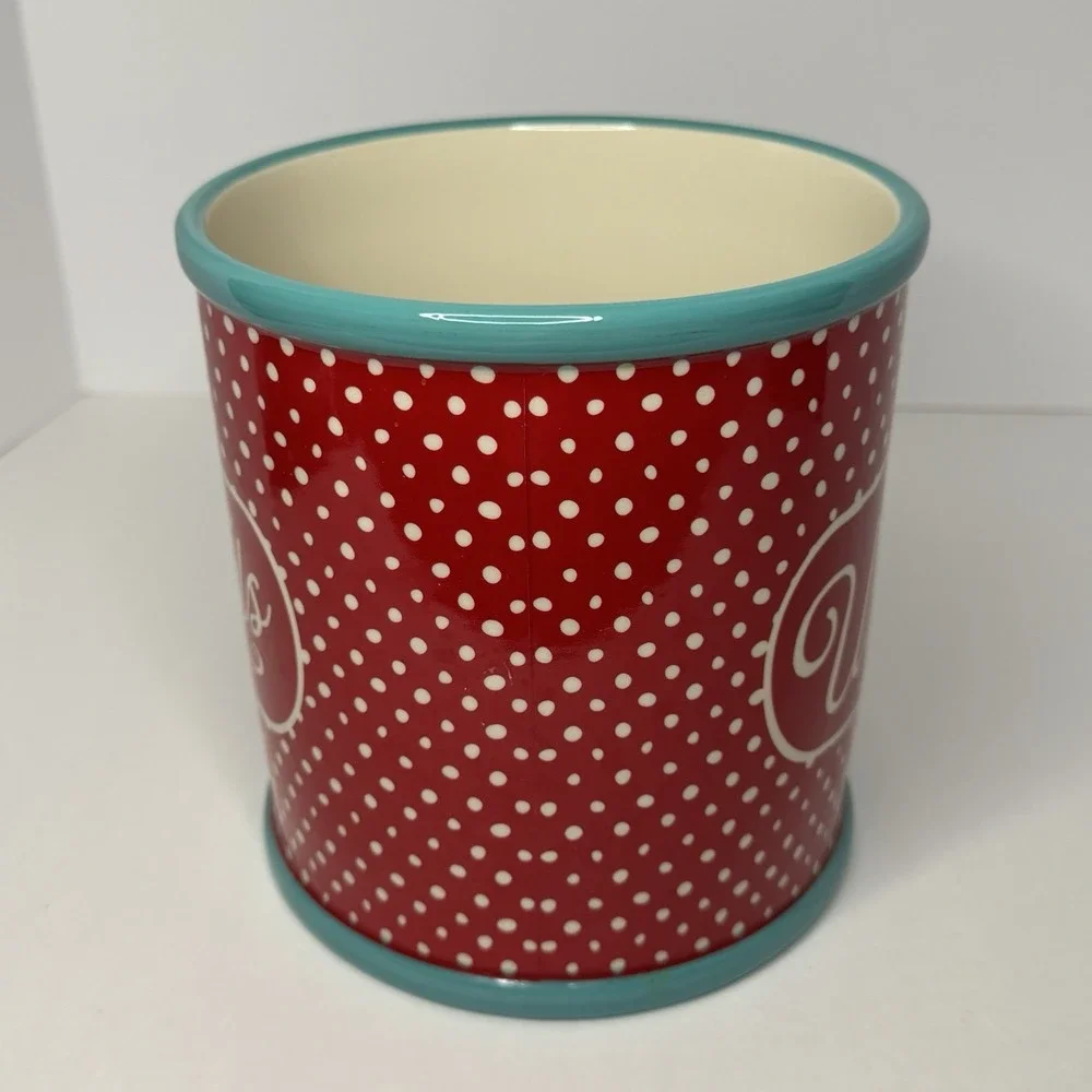 Pioneer Woman Polka Dot Utensil Crock Holder Canister Ceramic Red Teal 7